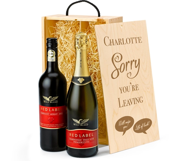 Retirement Wolf Blass Red & Sparkling Wine Gift Box With Engraved Personalised Lid
